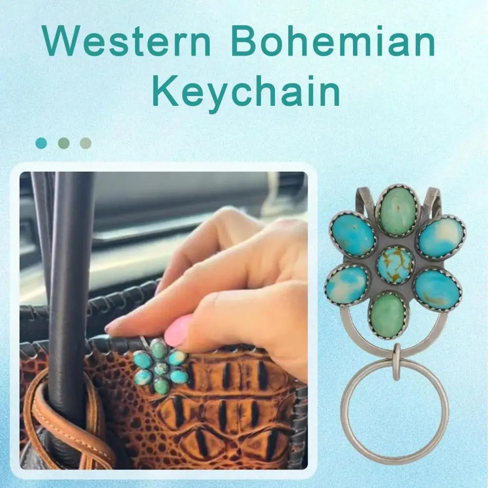 Double-clip Key Holder Turquoise Bag Clip Key Holder Bohemian Flower Design Key Finder Car Keychain Hook Purse for Everyday