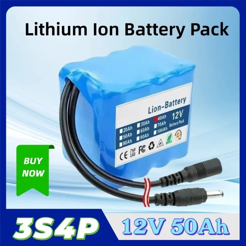 

12v 3S4P 50Ah Rechargeable Lithium Ion Battery Pack Capacity DC Cam Monitor+Charger
