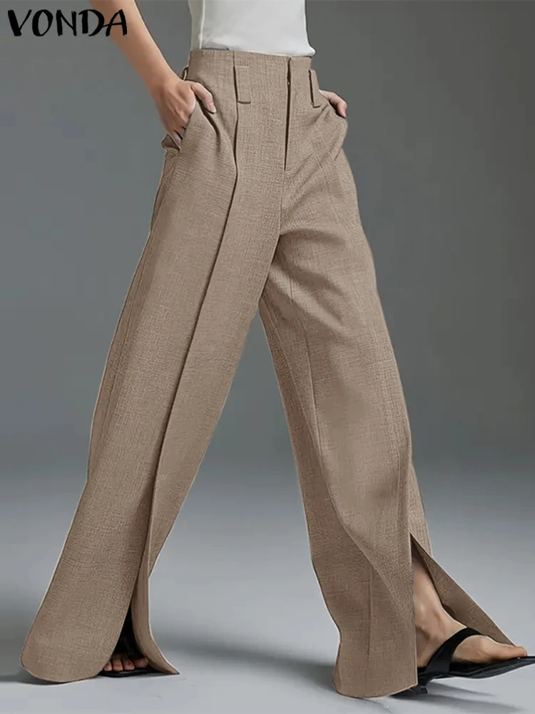 Plus Size VONDA 2024 Fashion Party Pants Elegant Office OL Women's Suit Trousers All Season Solid Color Casual Split Bottoms