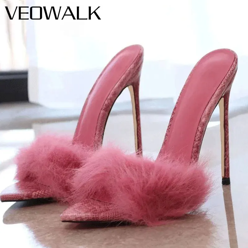 

Veowalk/мюли на шпильке из розового меха со змеиной кожей 12 см, сексуальные тапочки без шнуровки на высоком каблуке с острым носком для вечерних мероприятий, вечеринок, свиданий и ночи