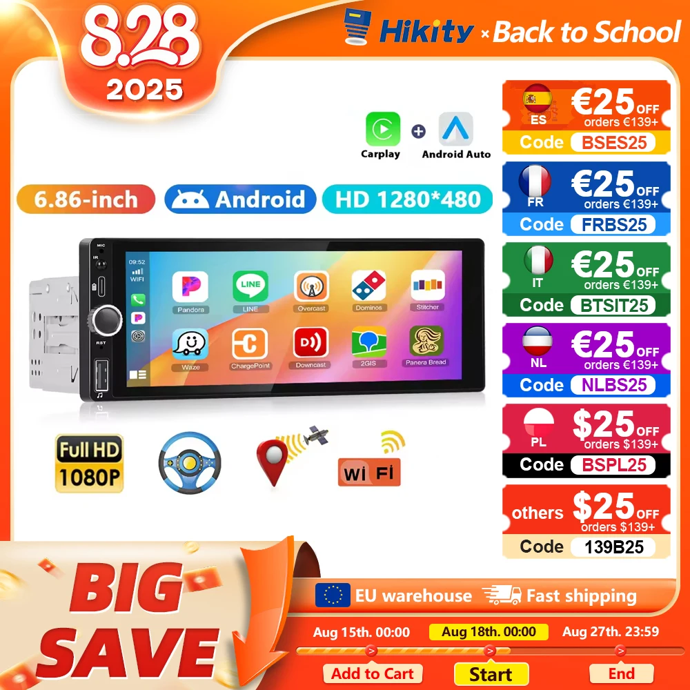 Hikity 2 + 64G Carplay Android 1din autoradio Android Auto Stereo 6.86 supporto per lettore di navigazione GPS FM WiFi USB fotocamera posteriore