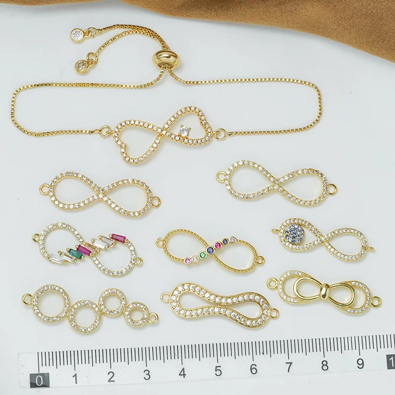 

4 Pcs Inlay Colorful Zircon Connector for Bracelet Necklace Jewelry Making Figure 8 Round Hollow Bent Brass Plated Accessories