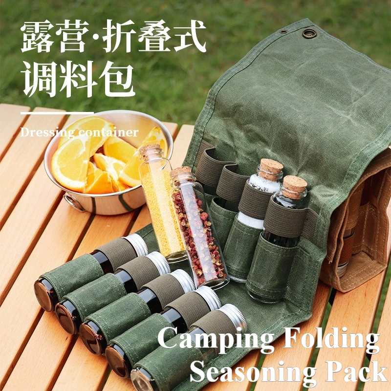 

Outdoor camping seasoning bottle storage bag free 9 glass seasoning bottles barbecue seasoning bottle combination set canvas bag