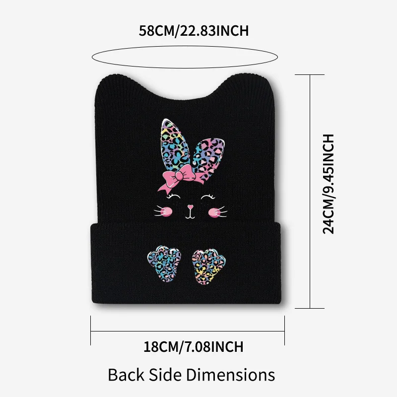 Cute Playful Cat Ear Beanie, Leopard Bow Bunny Face Print, For Daily Casual Wear, Holiday Weekend & Friend Gathering