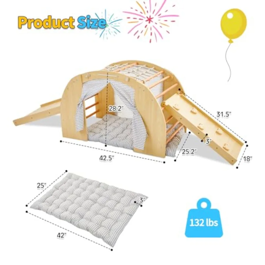 Giocattoli da arrampicata per bambini 1 scalatore ad arco con 2 rampe per scorrere o arrampicata, casa da palestra per giochi in legno per interni con cuscino per tenda e fare