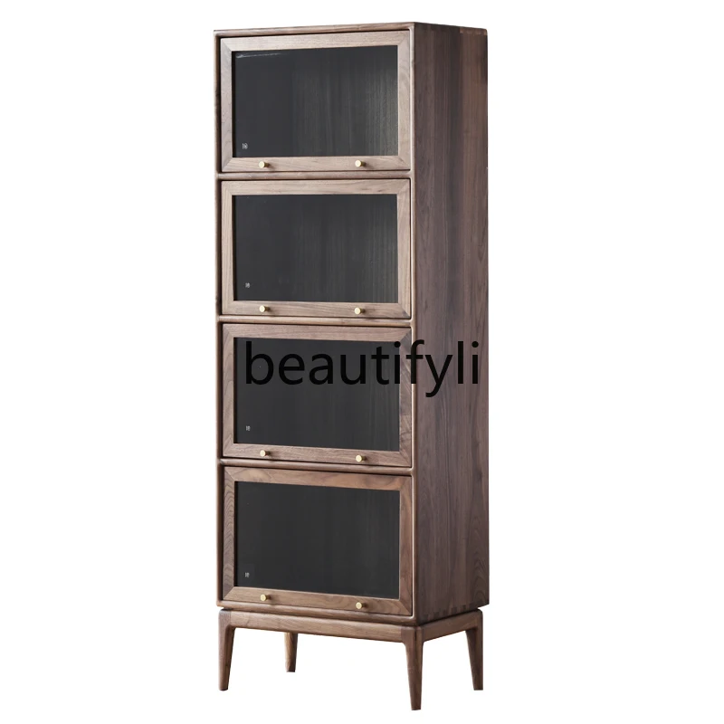 

Black walnut log wine cabinet glass display cabinet living room wall with lamp locker