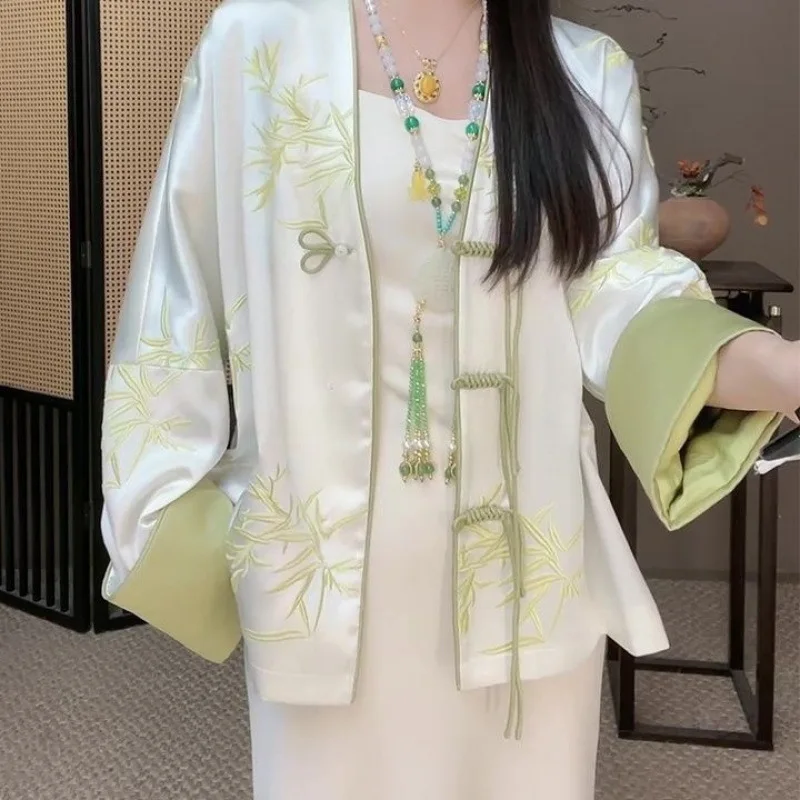 

Новый костюм с вышивкой в китайском стиле, женская блузка большого размера + платье на подтяжках, одежда из двух предметов с длинными рукавами и пряжкой, новый осенний костюм