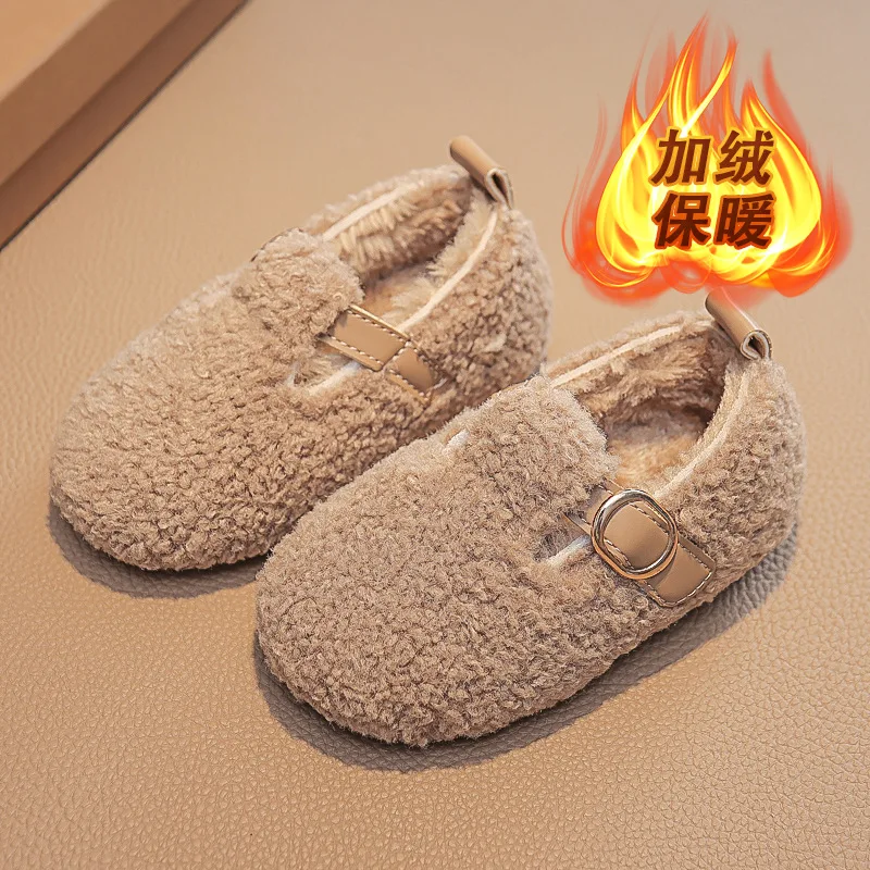 Leisure Kids Loafers Warm Hook-loop 21-30 Chic Three Colors Boys Girls Shoe Winter Children Flat Shoes Fluffy Buckle Round Toe view 3