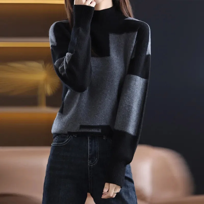 Korean Female Large Size 5XL Sweater Autumn Winter Lady Loose Fit Pullover Knitwear Women Half High Collar Long Sleeves Knitting