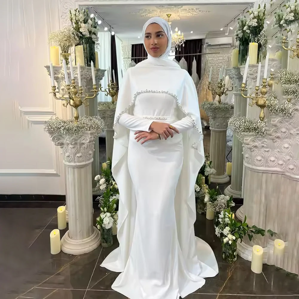 

Muslim Wedding Dresses Cape High Neck Long Sleeves Satin Beading Hijab Garden Bride Bridal Gowns Customized vestidos de novia