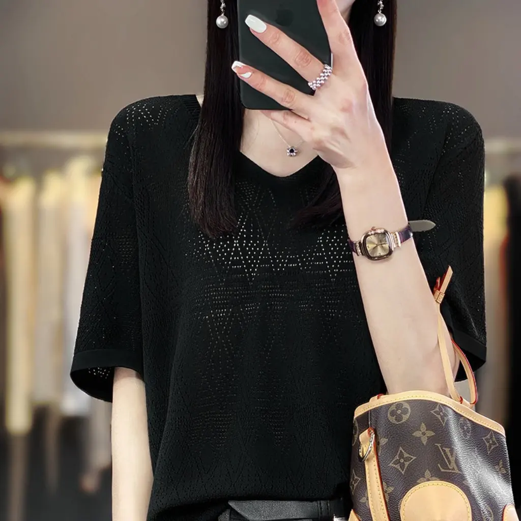

Women's Light Luxury Lace Hollow-out Knitted Sweater Summer Elegant Loose Casual High-End Top All-Match Binglinen