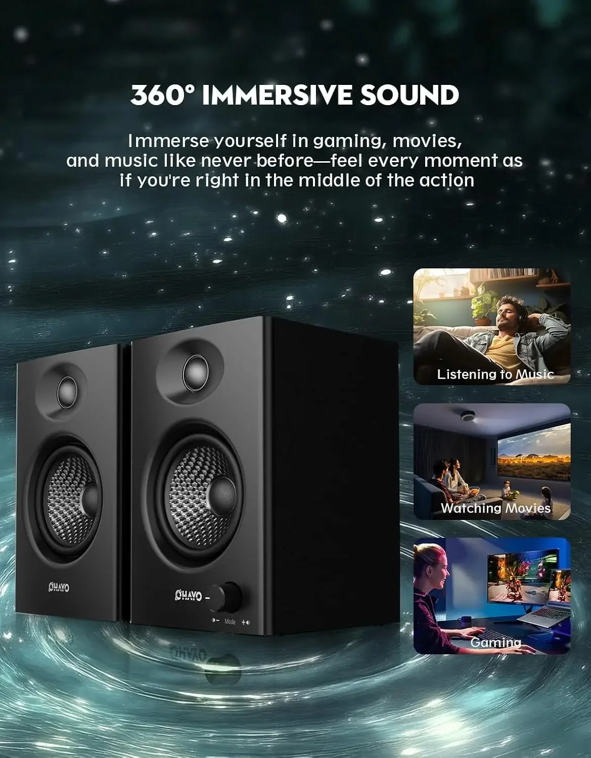 OHAYO 60W Active Bookshelf Speakers with Glass Fiber Unit, Bluetooth 5.3 & Multi-Input (USB/RCA/AUX) - for Immersive PC Gaming view 3