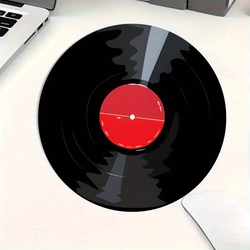 Circular vinyl record design mousepad with anti-slip rubber base and sewn edges is suitable for gaming office use as a washable