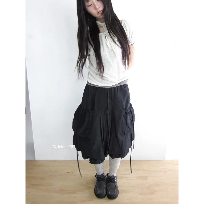 Streetwear Pleated Lace-up Loose Cargo Skirt Women 2026 Summer High Waist Solid Color All-match Casual Mid-length Skirt