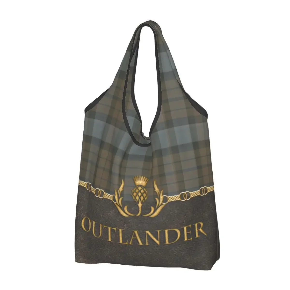 Custom Leather And Tartan Outlander Pattern Shopping Bag Tote Bag Portable Modern Plaid Check Texture Groceries Shopper Bags