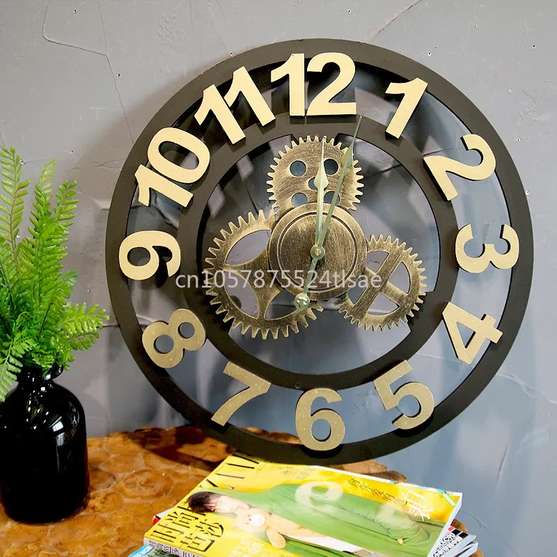 50Cm Retro and Old Gear Wall Clock, Wooden Creative Wall Clock Industrial Wind Clock Bar Restaurant Wall Clock