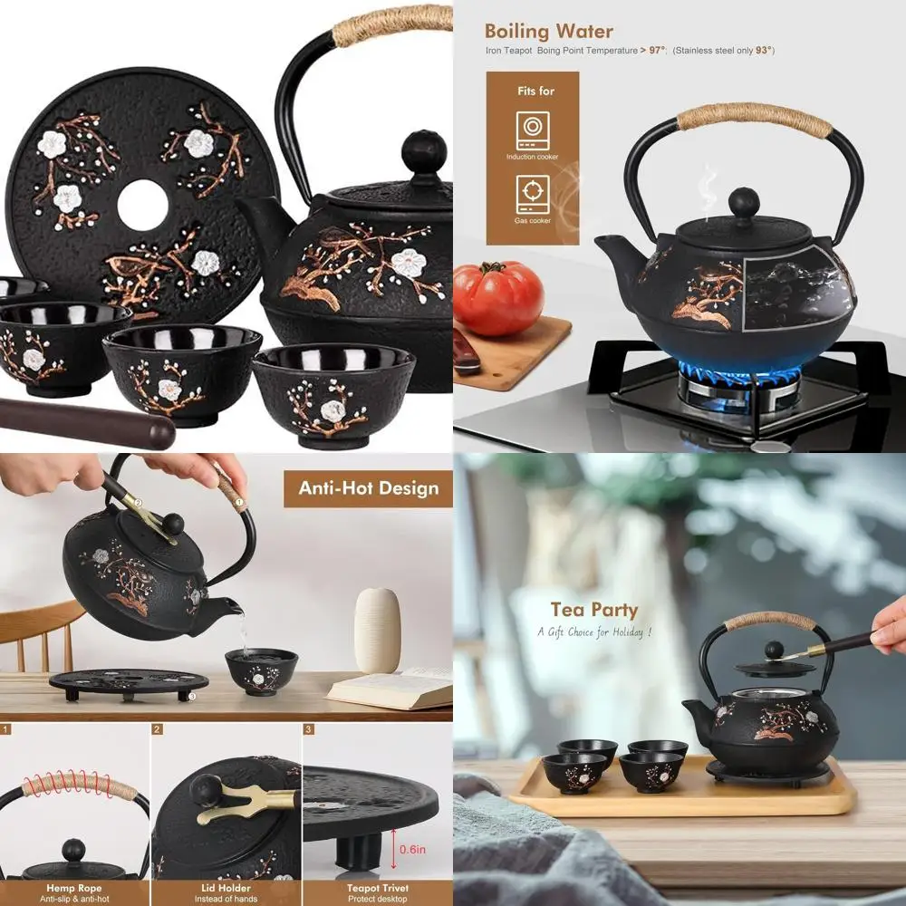 

Набор японских чугунных чайников с 4 чашками, подставкой и заварочным устройством — черная сорока и узором сливы