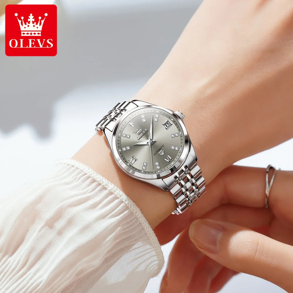 OLEVS Grey Women\'s Watches Elegant Fashion Automatic Mechanical Watch for Lady Luminous Date Waterproof Stainless Steel Simple