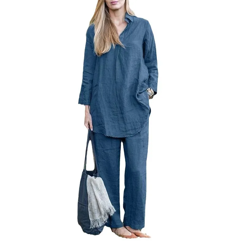 Ensemble de pantalons pour femmes, chemises à manches longues doublées en coton, taille ample, jambes larges, costume, mode printemps 2025, tenues pour dames, nouvelle collection 2025
