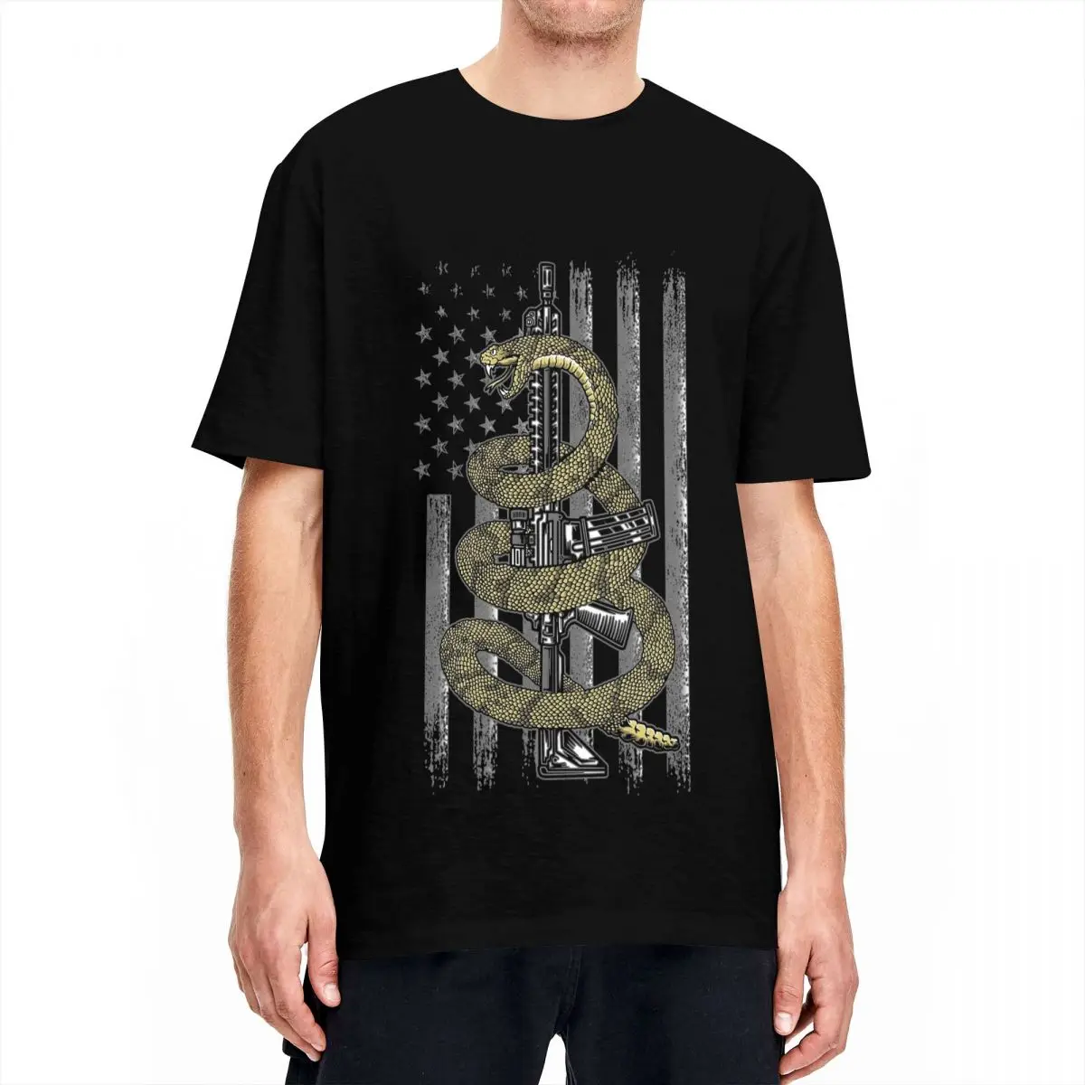 Man T-Shirt Snake Wrapped Around AR-15 Rifle Gun T Shirts Harajuku American Flag Summer Tees Streetwear Casual Pure Cotton Tops