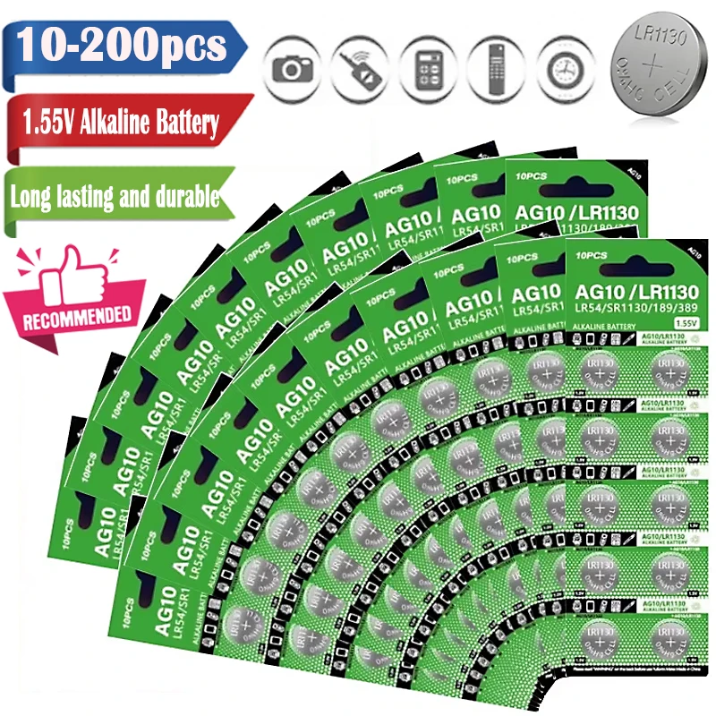 10PCS-200PCS 1.55V AG10 LR1130 SR54 389 189 SR1130 D189 LR54 Button Batteries G10A SR1130SW Cell Coin Watch Toys Remote Battery