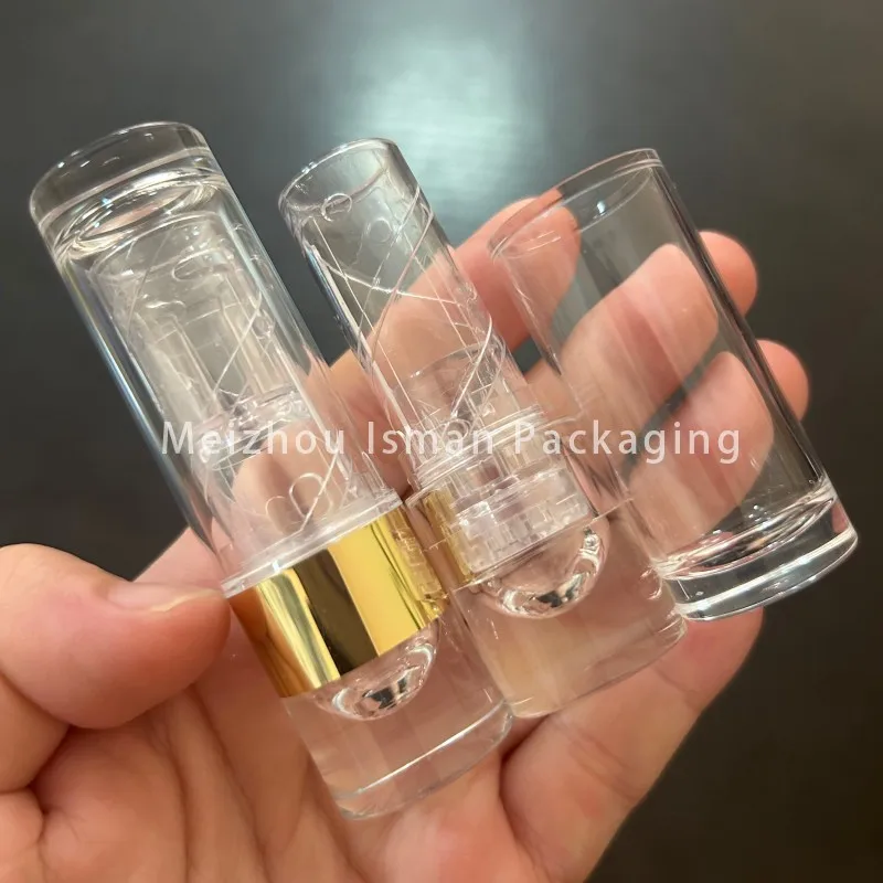 50 Uds embalaje cosmético D12.1MM cristal transparente de lujo contenedor de tubo de lápiz labial dorado de plástico vacío venta al por mayor estuche redondo para bálsamo labial