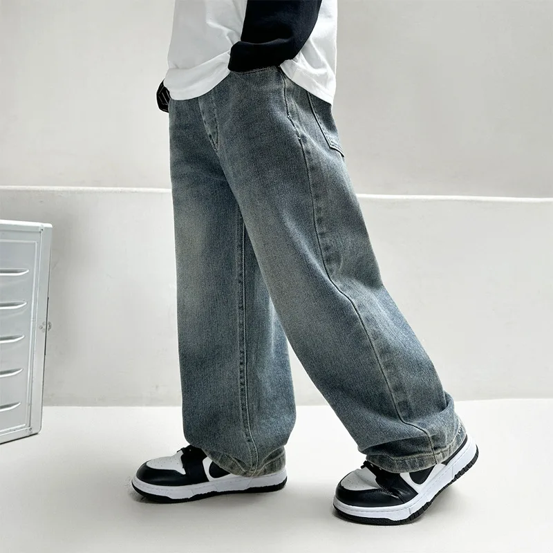 Boys Version Straight Jeans Street Style New Jeans Medium and Big Children Handsome Street Straight Wide-Leg 4-12Y