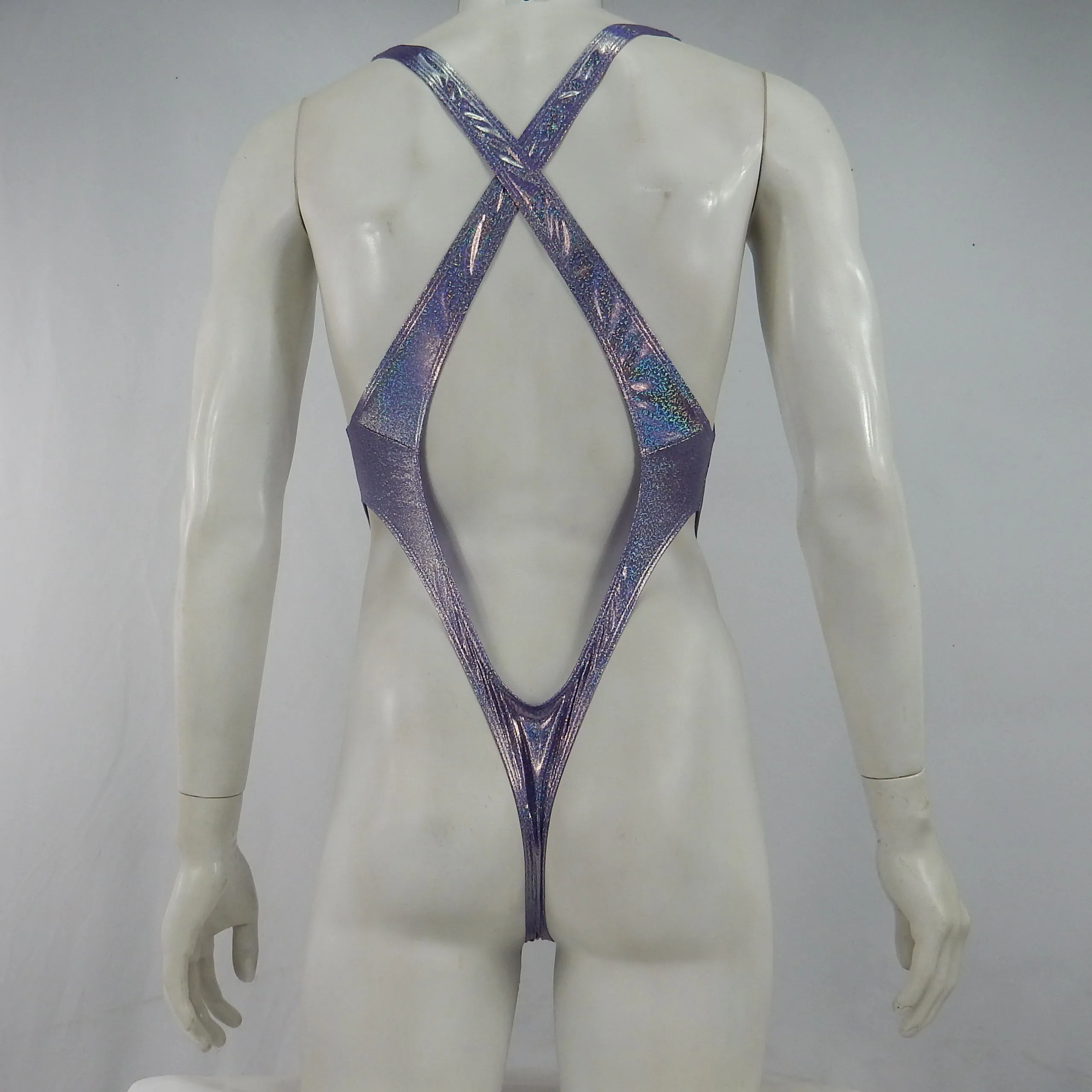 Mens G1276 Thong Leotard Cross back Shiny Metallic Foiled silver dots Hologram Laser Foiled Fabric Knit