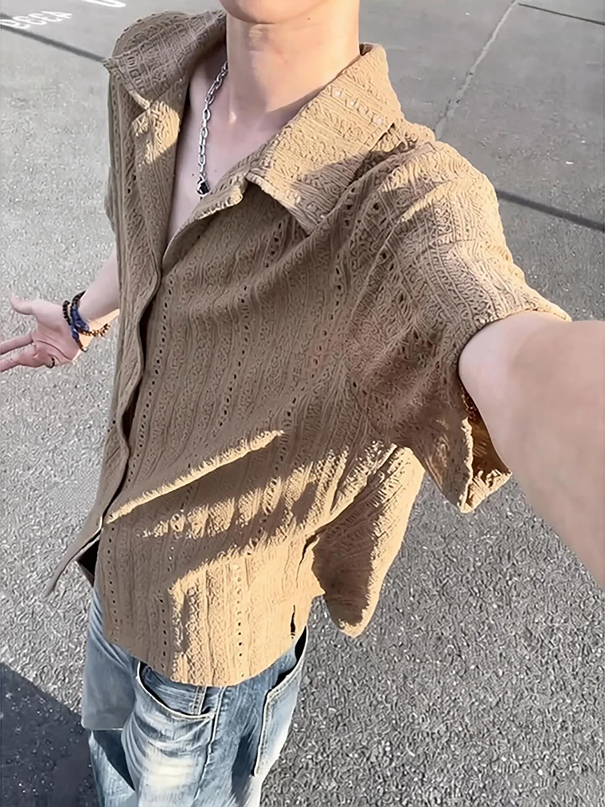 Men's Knitted Hollow out Short Sleeve Shirt Casual Style Half Sleeve American Cuban Collar Open Cardigan Shirt Youth Summer F...