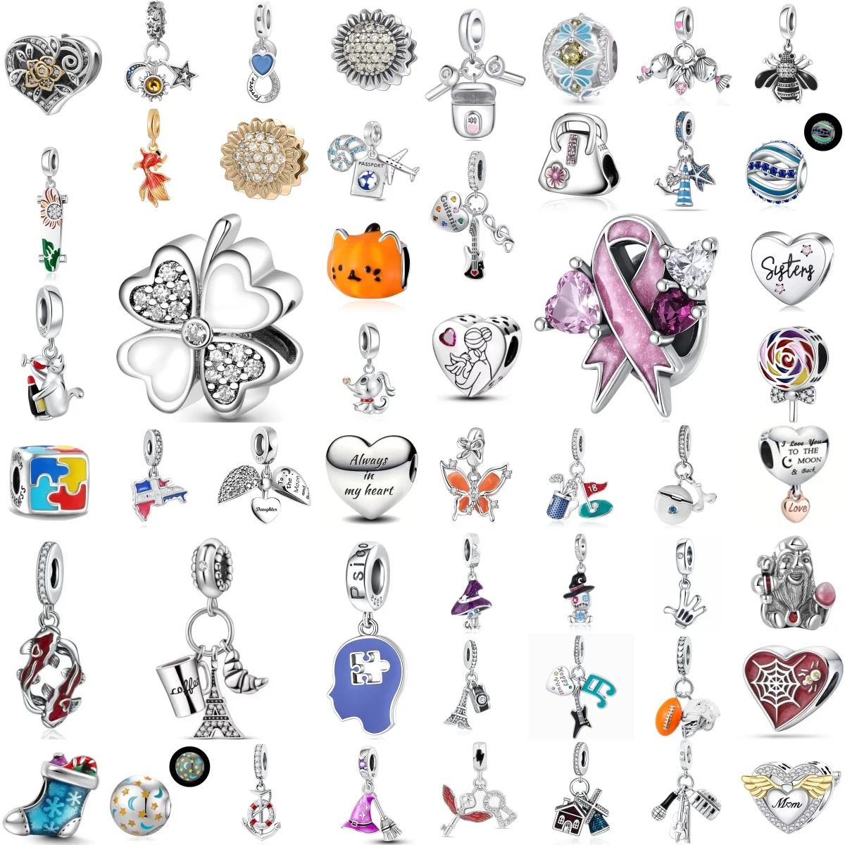 Charm 925 Silver Lucky Grass, Skateboard, Goldfish Pendant, Suitable for DIY Bracelets, Women's Exquisite Jewelry Accessories