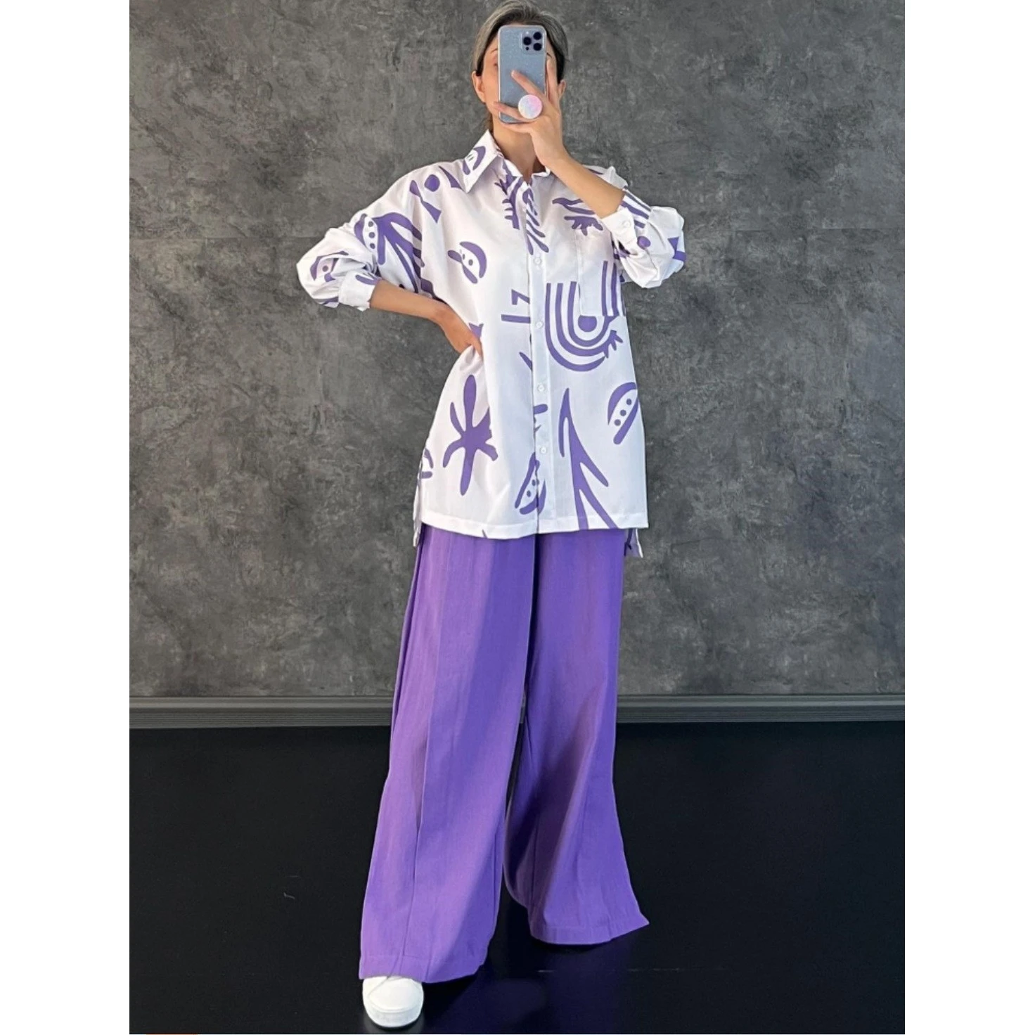 Summer Casual Floral Print Shirt High Waist Slit Wide Leg Pants Set Women's Cross-Border Clothing Polyester Fabric Versatile