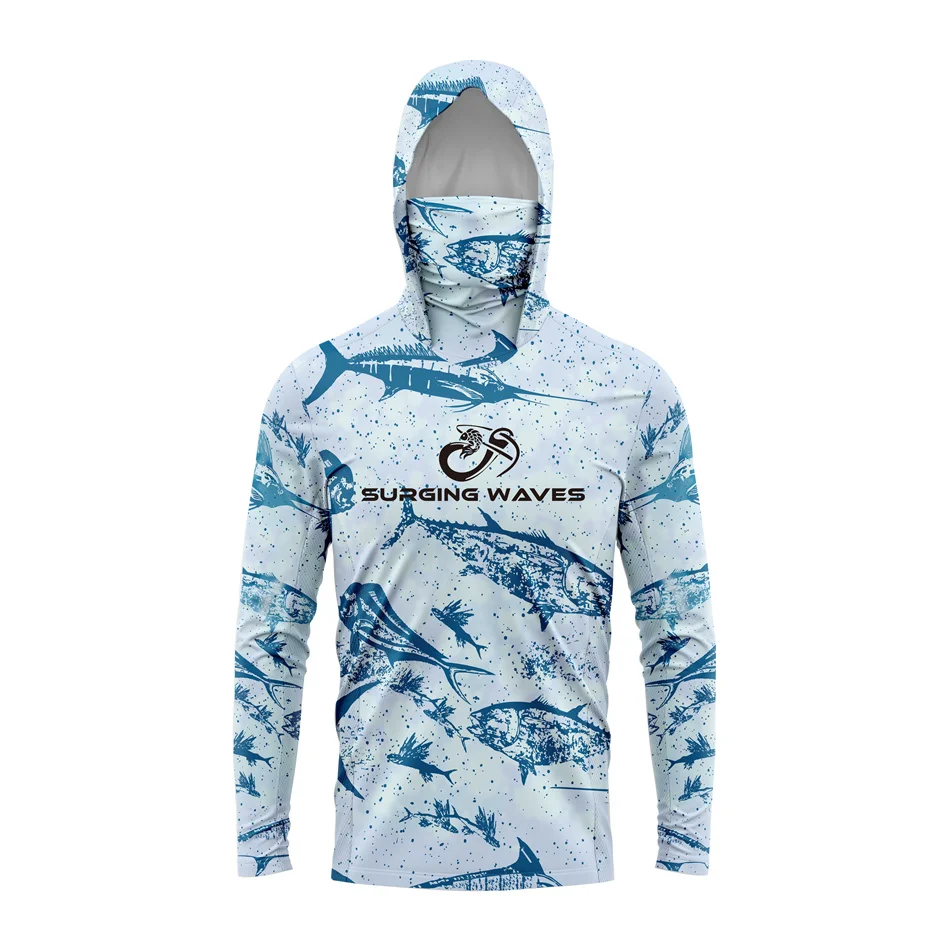 Army Green Camo Colorful Hoodie with Face Mask UV 50+Gaiter Fishing Clothing Men's Long sleeved Breathable Quick Drying T-shirt