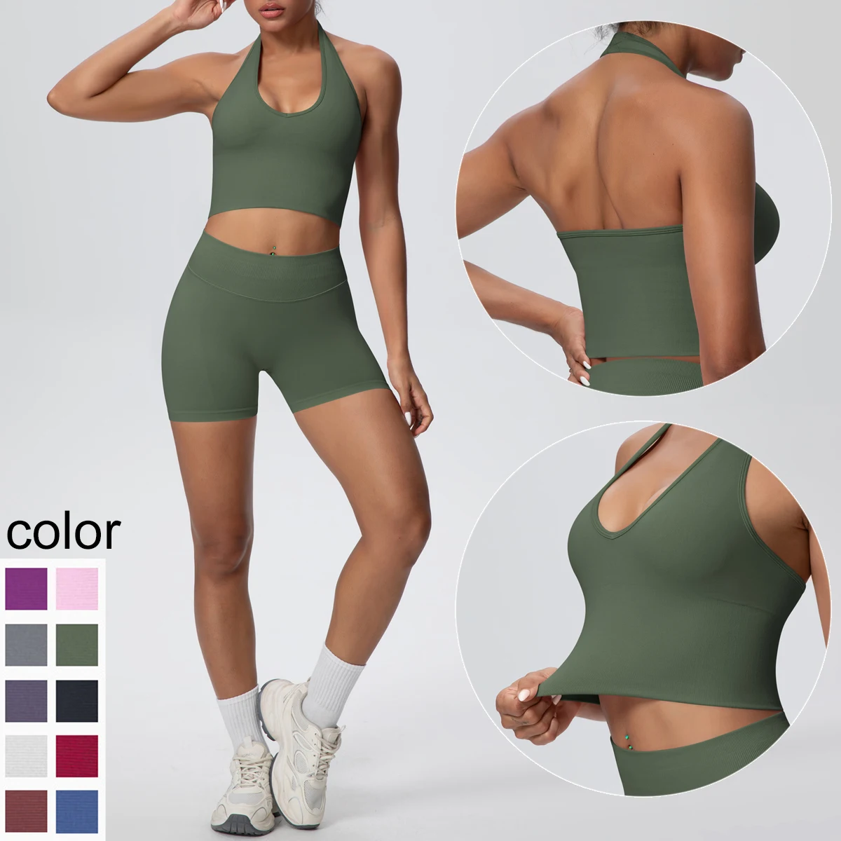 2 قطعة مجموعة اليوغا الصيف تنفس عارية الذراعين ملابس رياضية بلون مثير الرقبة حزام الصدرية سريعة الجافة عالية الخصر السراويل اليوغا مجموعة