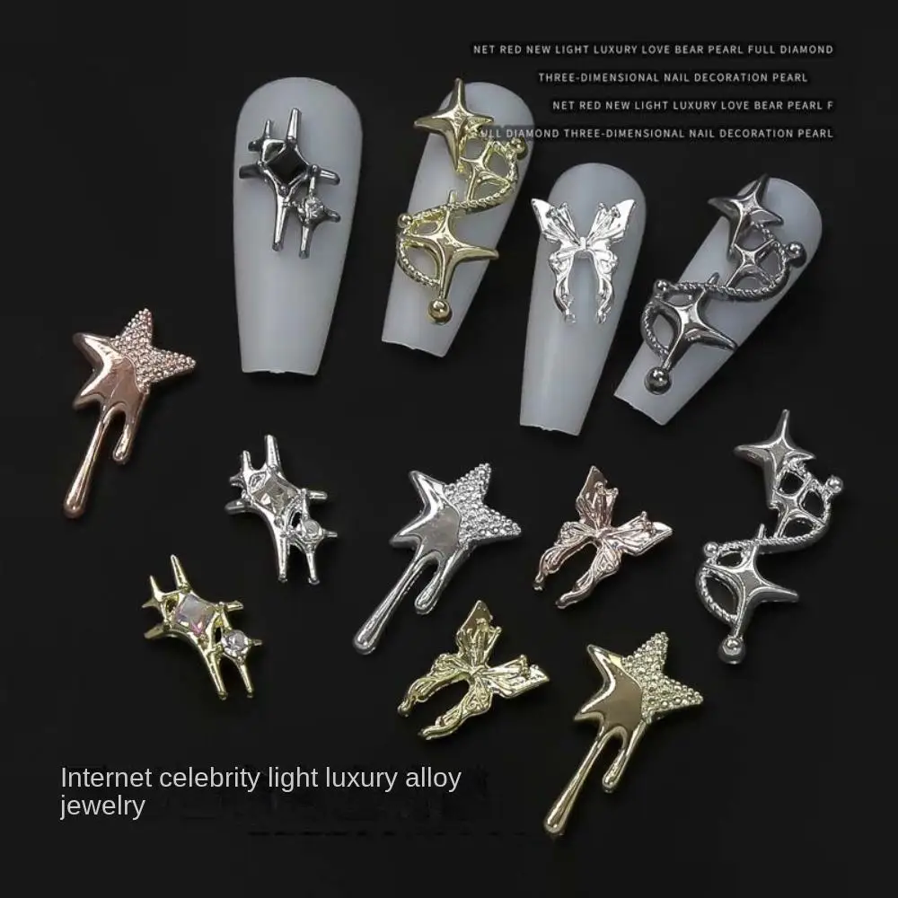 10Pcs 3D Star Alloy Rhinestone Nail Art Charms Gold/Silver Shiny Glitter Diamond Press on Nails Manicure DIY Decorations