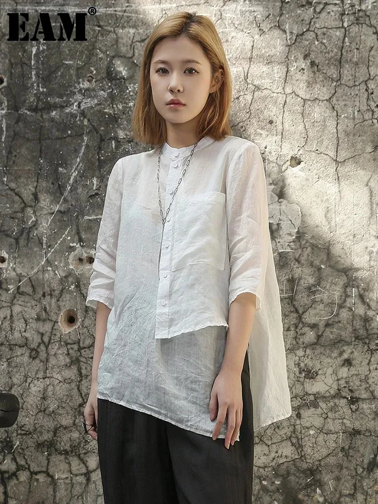 

[EAM] Women Irregular Thin Big Size Linen Blouse New Stand Collar Three-quarter Sleeve Shirt Fashion Spring Summer 2024 1DF6818