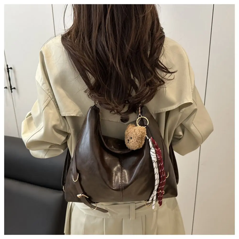Retro PU Leather Hobo Bag Adjustable Soft Convertible Backpack Large Capacity Multi-Purpose Crossbody Purse For Women