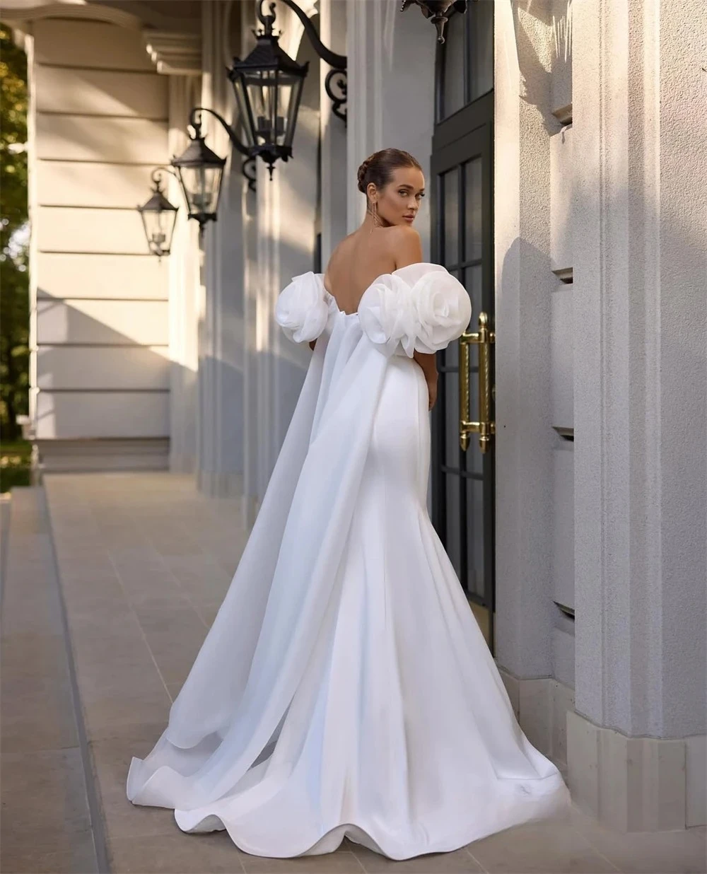 Customized Exquisite Strapless Puff Flower Sleeve Open Back Mermaid Floor Length Wedding Dresses White Satin Quality Bride Gowns
