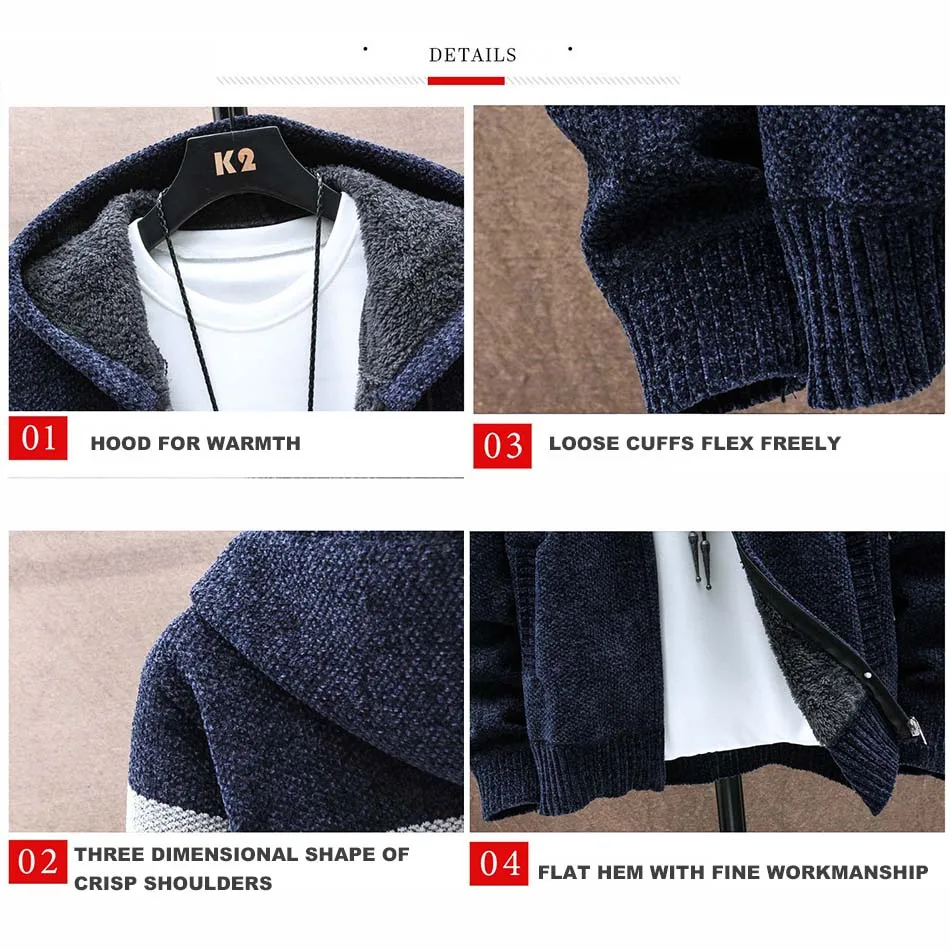 FALIZA New Spring Mens Hooded Cardigan Jumpers Striped Sweater Coat Thick Fleece Warm Zipper Wool Men Knitted Chenille Sweaters