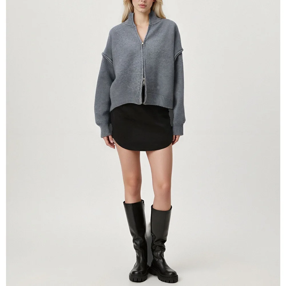 سترة مشغولة من الصوف البلوزات النساء الصلبة لاعبا سستة الوقوف طوق طويلة الأكمام طفيف تمتد فضفاض عادية 2025 الخريف الشتاء