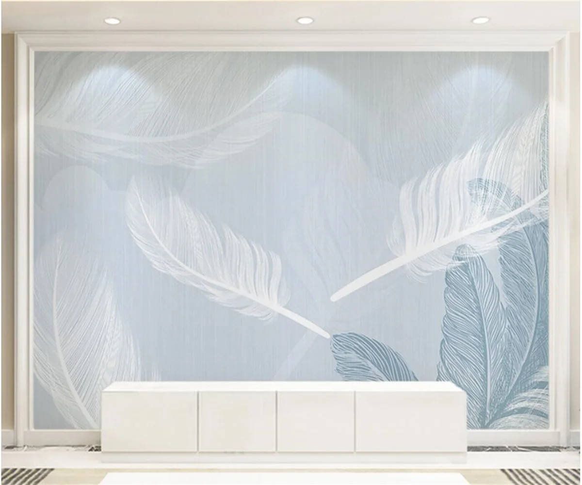 

White blue feather simple modern wallpaper living room sofa TV background wall wallpaper restaurant atmospheric mural