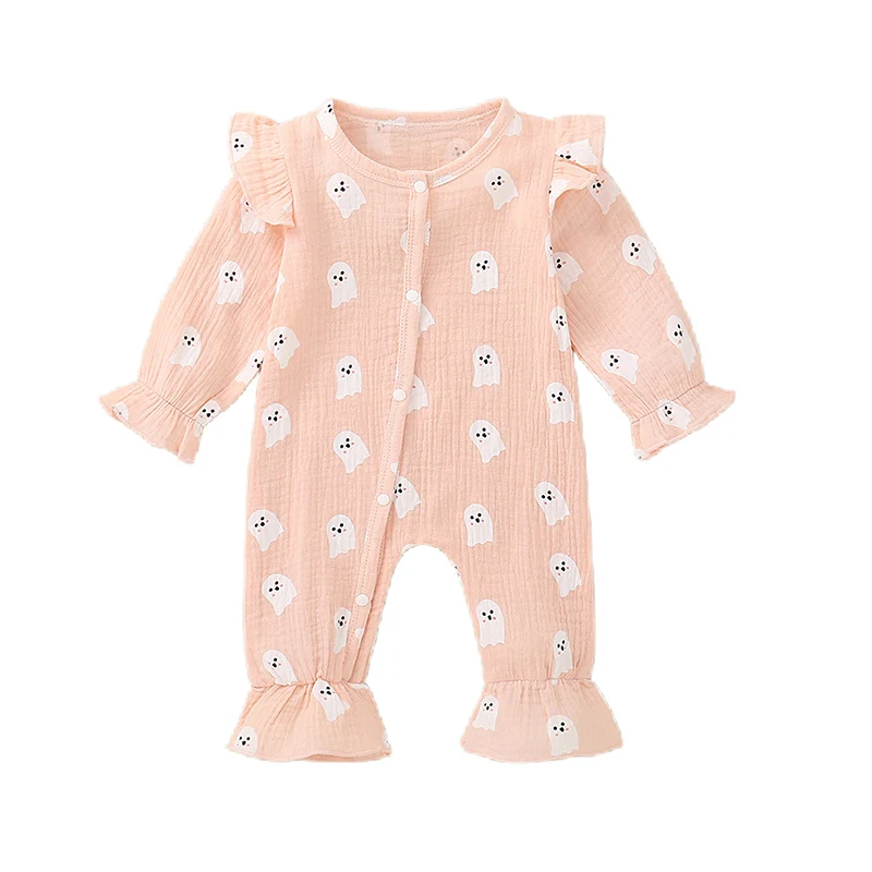 

Baby Girl Halloween Romper Long Sleeve Round Neck Ghost Print Jumpsuit Newborn Outfit