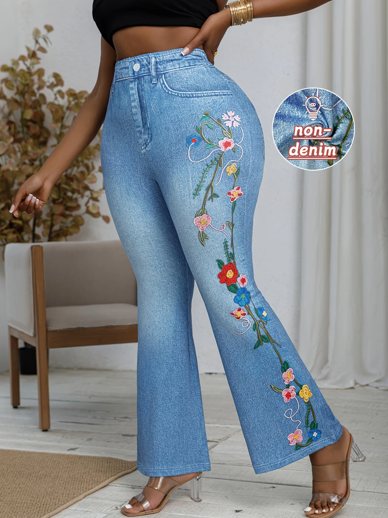 Plus Size Women's Denim-Style Bell Bottom Pants with Floral Print Design High Elasticity Comfortable Fashionable Wide Leg Pants