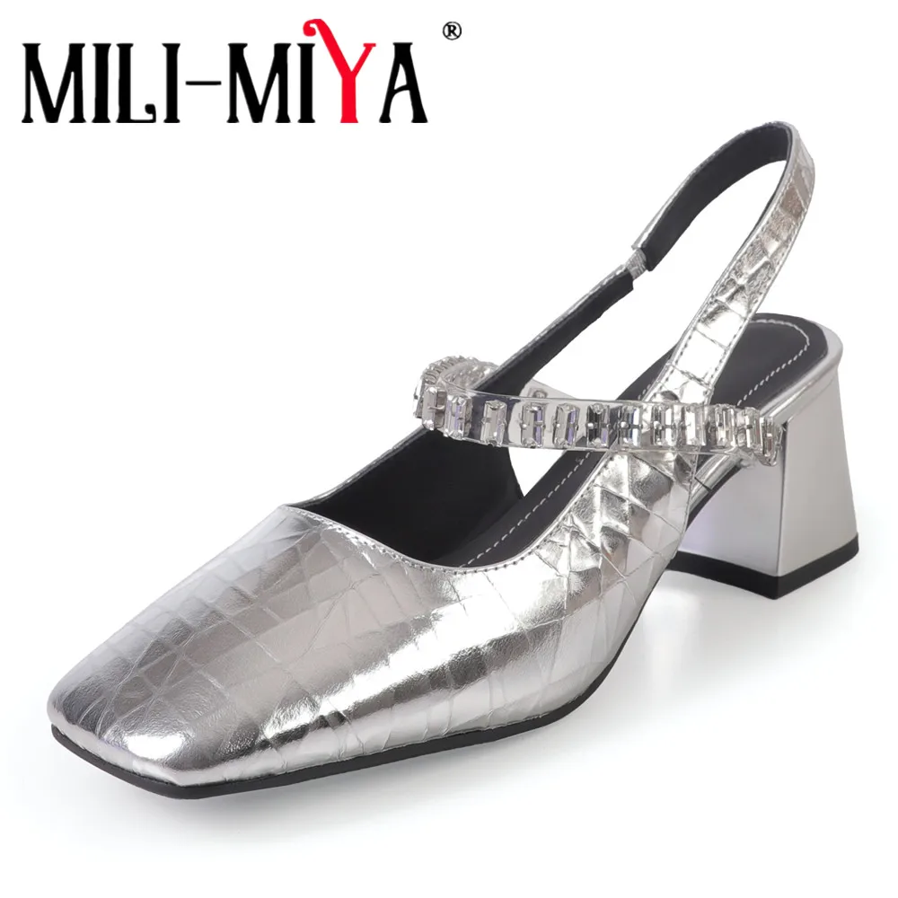 

MILI-MIYA Women’s Square-Toed Open-Back High Heels With Rhinestone Straps And Buckles – Comfortable Chunky-Heeled Casual Pumps