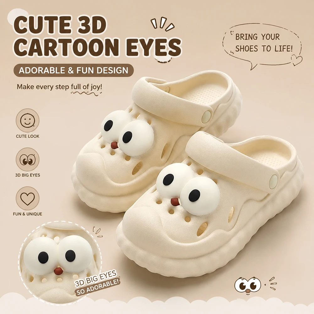 Sabots de jardin blancs pour femmes, motif dessin animé 3D grands yeux, souples, légers, à enfiler, antidérapants, respirants, sandales de plage