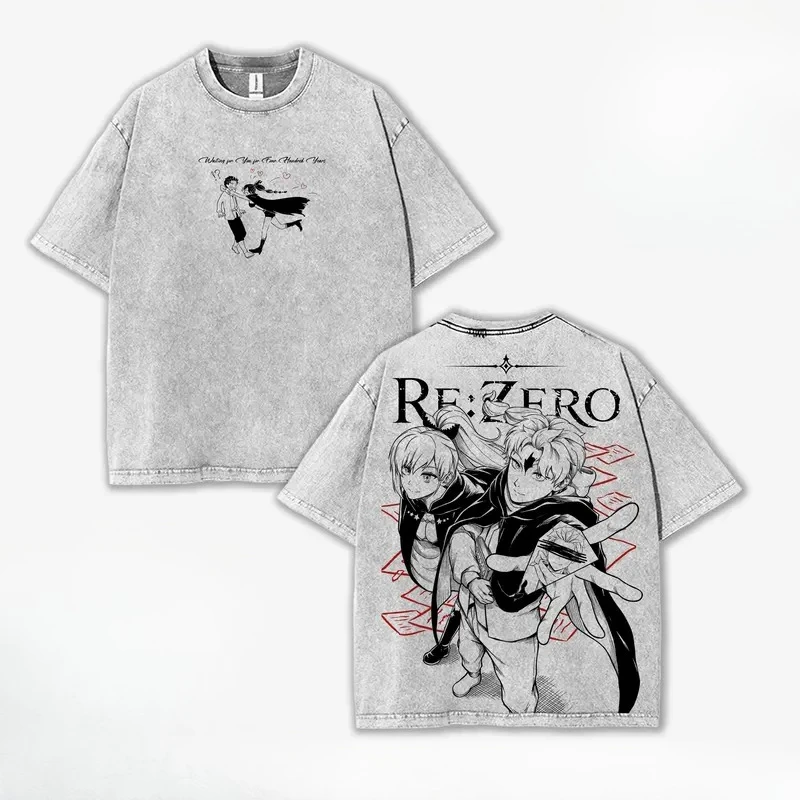 Re:ZERO Manga T-shirt Men Women Clothing Natsuki Subaru Printed Vintage Washed T Shirt Summer Harajuku Loose Cotton Tees Clothes
