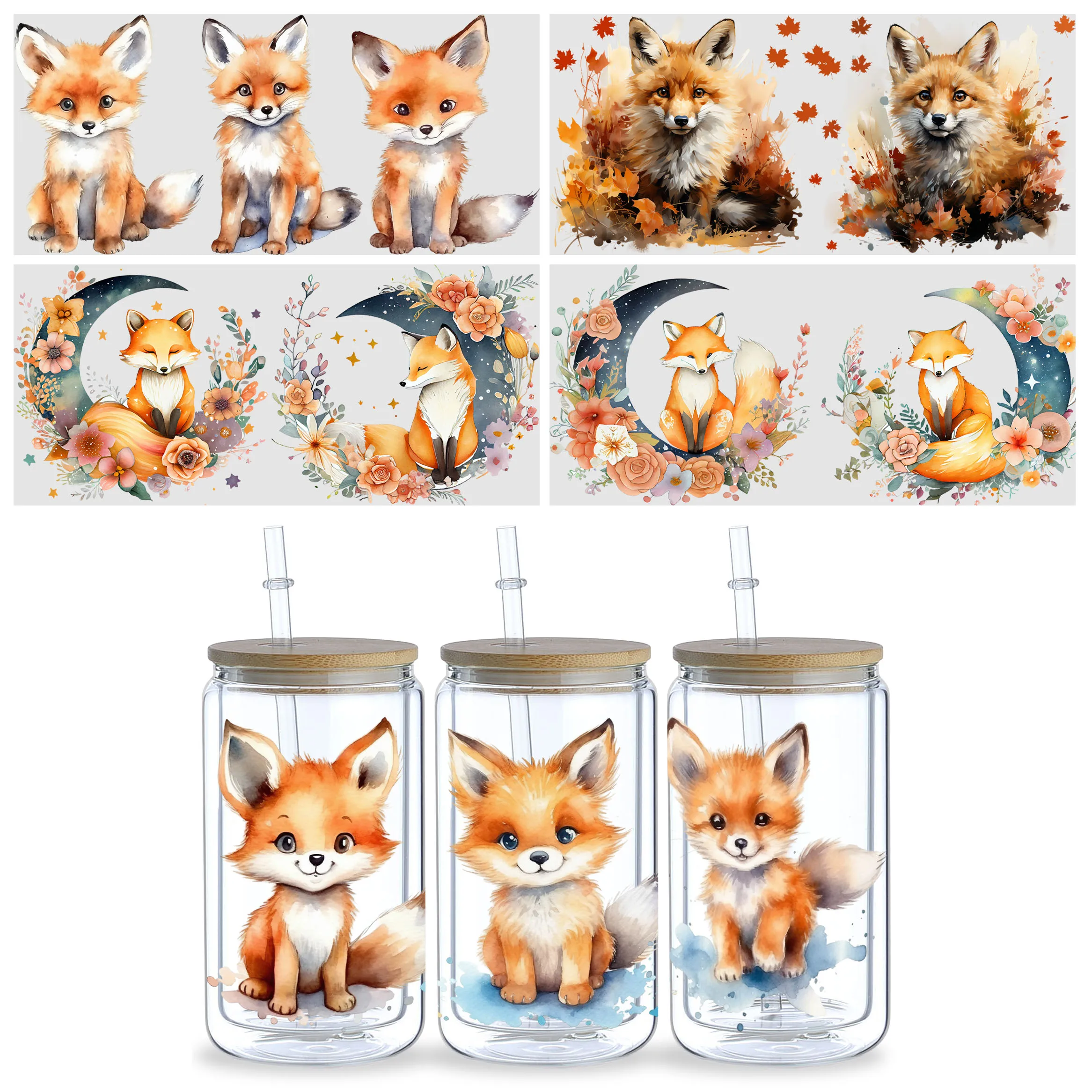 5 Sheets Fox UV DTF Mug Stickers, Glass Sports DTF Transfer Stickers, Waterproof Cute Fox Wipe-On Transfers for 16 oz Glass,Mugs