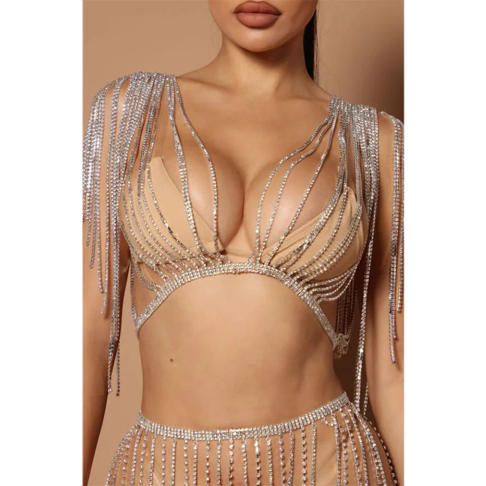 CUIER Super Gorgeous Long Fringe Shoulder Crystal Sexy Bra Top Long Dress Set for Women Rhinestones Accessories for Fashion