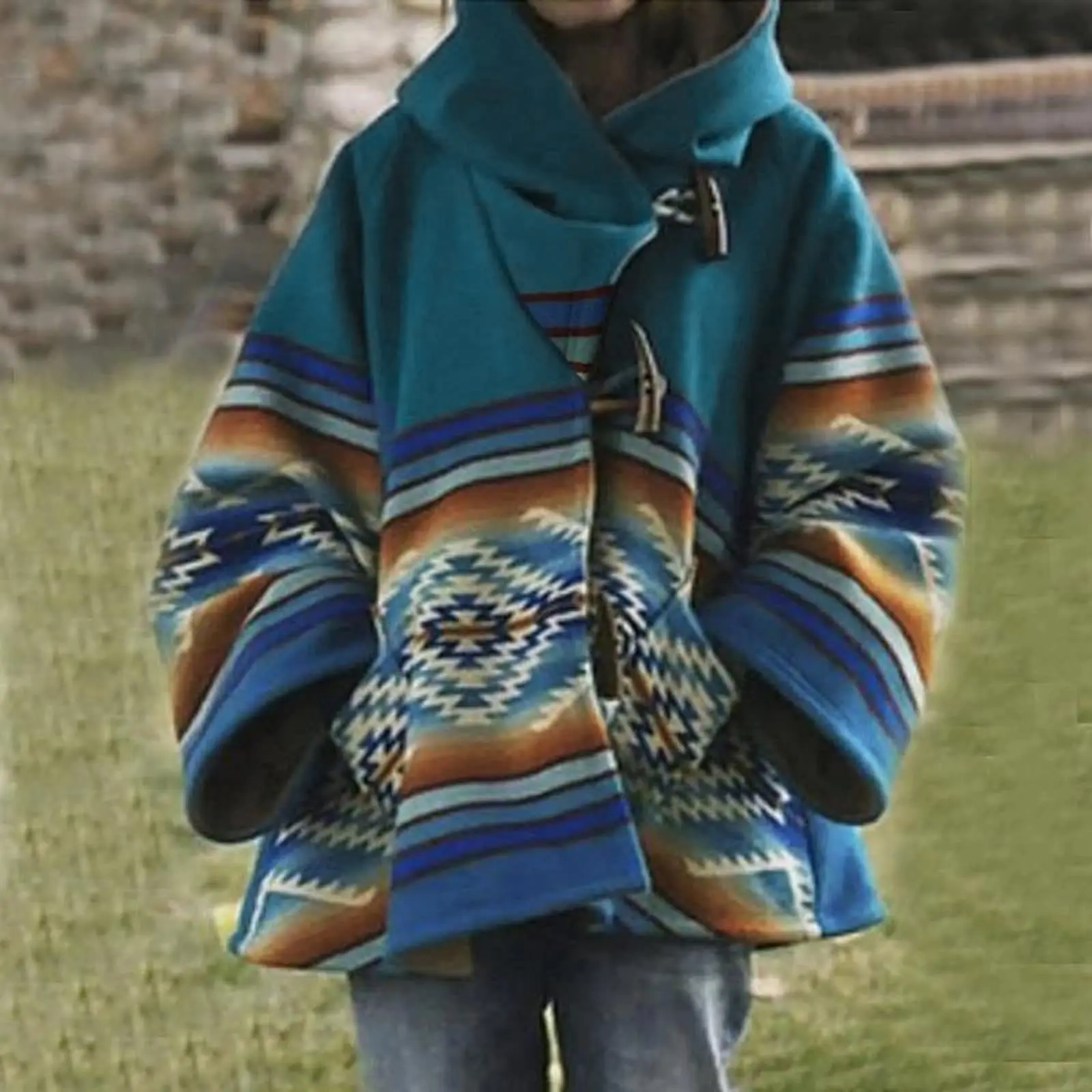 Womens Aztec Coat Aztec Western Ethnic Hoodies Casual Hooded Tribal Jacket Apparel Woolen Coats