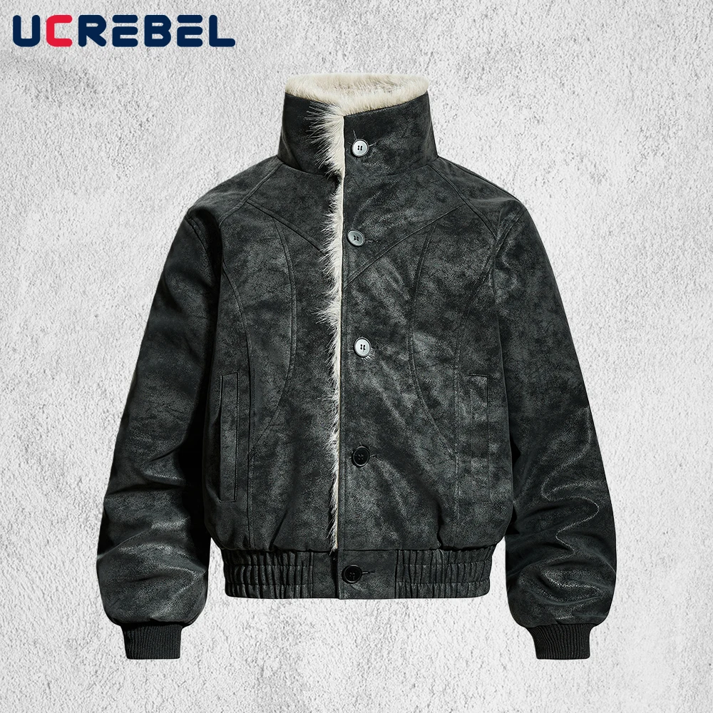 

Spliced PU Leather Padded Jacket Mens Pocket Retro High Street Winter Fur Collar Long Sleeve Thick Outerwear Man