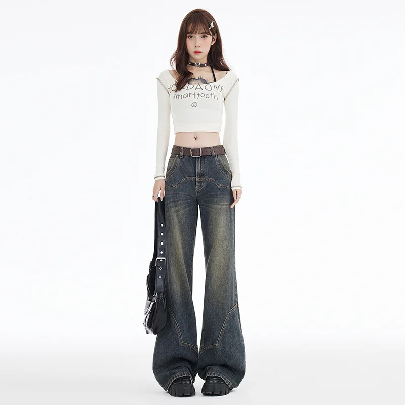 BOWEYLUN New American Style Vintage Low Waisted Micro Flare Jeans Women Spring and Autumn Loose Flare Pants Girls